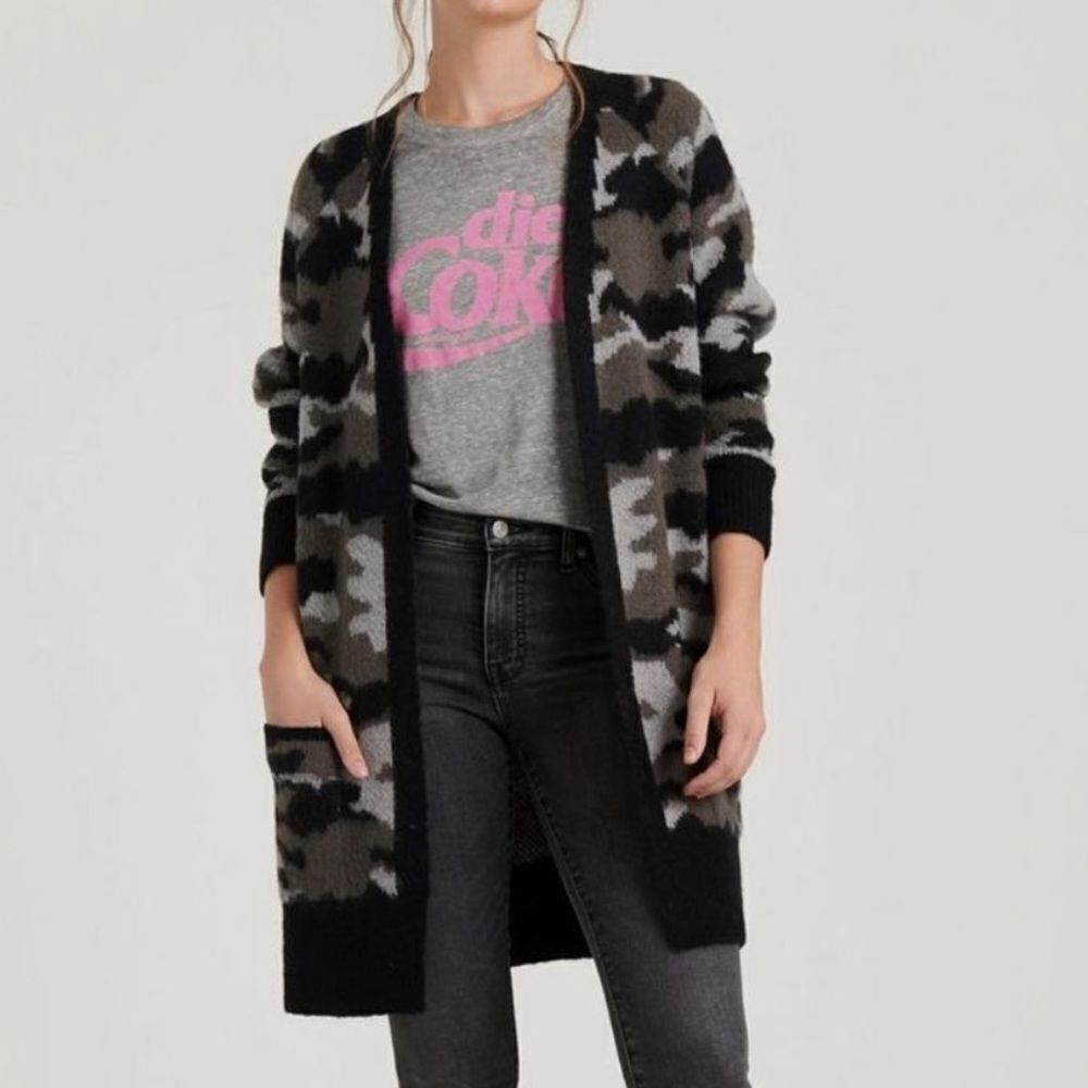 Lucky Brand Black Gray Cream Camouflage Longline Open Cardigan
